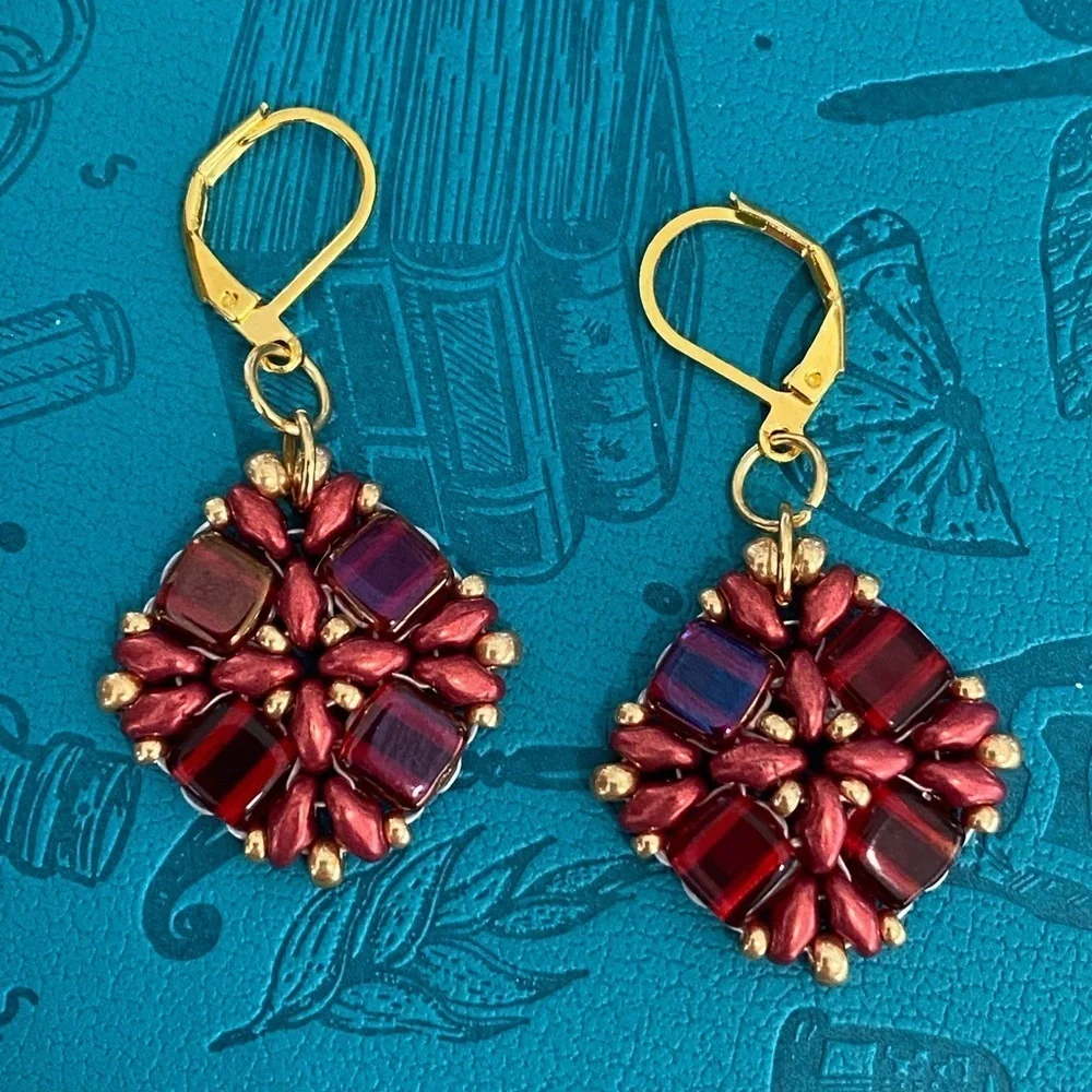 Handmade Ruby Red Czech Glass Bead Gold Tone Drop Earrings